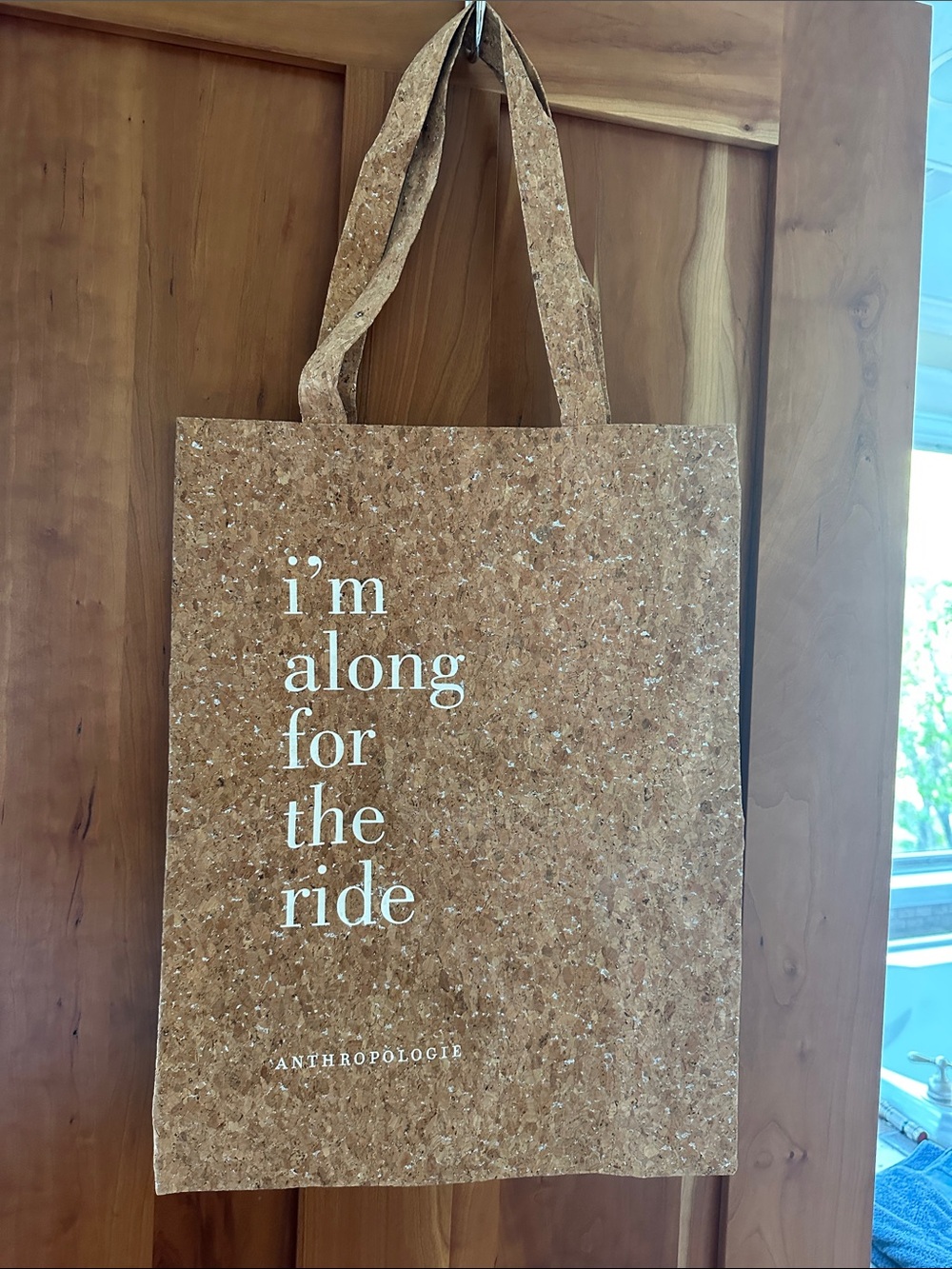 Anthropologie Brown Cork-Effect Tote with White Slogan